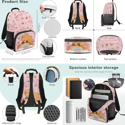 Capybara Backpack Set for Kids, 4 in 1 School Bag with Lunch Box, Pencil Case and Water Bottle Cover, for Primary School 2nd to 6th Grade Daily Activities - color: Boba Capybara Print