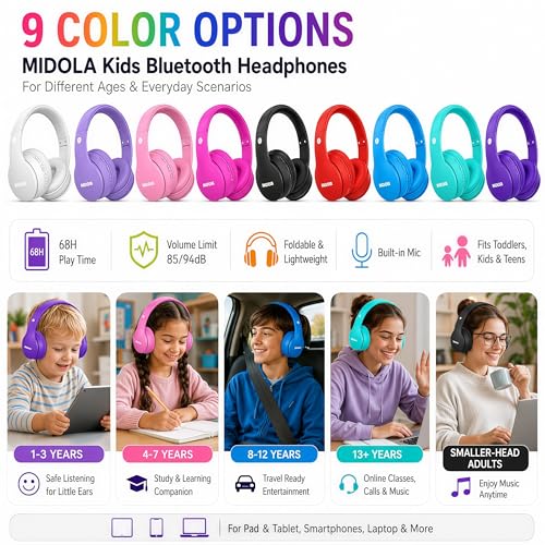 MIDOLA Kids Bluetooth Headphones 68H Play Time,Volume Limit 85/94dB, Foldable Lightweight Wireless Over-Ear Headphone for Kid Toddler Child Pad Tablet,Headsets with Built-in Mic Hot-Pink - color: Rose Pink