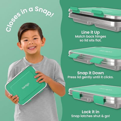 Bentgo Kids Stainless Steel Leak-Resistant Lunch Box - 3-Compartments with Bonus Silicone Container, Durable, Eco-Friendly, Dishwasher Safe, BPA-Free, Ideal for School, Ages 3+ (Green) - color: Green