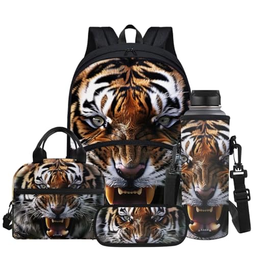 Tiger Pattern School Backpack for Boys Kids Thermal Lunch Boxes & Water Bottle Bag & Pencil Case, 4-Pieces Bookbags Set - color: Tiger