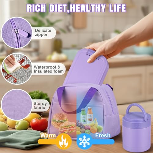 Large Bento Lunch Box Set for Adults Kids Women with 10.5oz Soup Thermo,Coffee Tumblers Men Girls Boys Teenagers Leak-Proof Lunch Food Containers with Lunch Bag - color: Purple