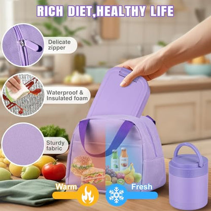 Large Bento Lunch Box Set for Adults Kids Women with 10.5oz Soup Thermo,Coffee Tumblers Men Girls Boys Teenagers Leak-Proof Lunch Food Containers with Lunch Bag - color: Purple