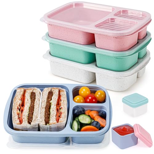 Caperci Wheat Straw Bento Lunch Box Containers for Adults & Kids - 3-Compartment Reusable Meal Prep Containers for School, Work, Travel, Set of 4 (Multicolor & Clear Lids) - color: Elegant (Clear Lids & No Sauce Cups)