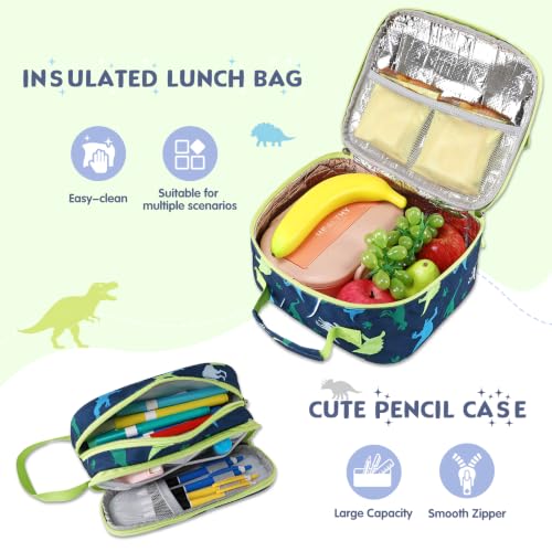 Rolling Backpack for Boys, 3PCS Roller School Backpacks for Boys with Lunch Bag and Pencil Pouch, Kids Bookbag School Bag with Wheels for Kindergarten Elementary Middle School Travel - color: Green Dinosaur