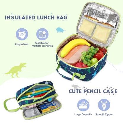 Rolling Backpack for Boys, 3PCS Roller School Backpacks for Boys with Lunch Bag and Pencil Pouch, Kids Bookbag School Bag with Wheels for Kindergarten Elementary Middle School Travel - color: Green Dinosaur