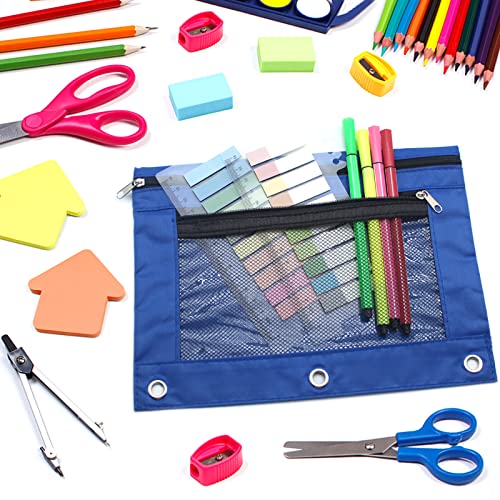 Pencil Pouch 3 Ring Binder Pouch Zippered Pencil Case Canvas Pencil Bag with 2 Compartments (Set of 2, Black and Blue) - color: Black and Blue