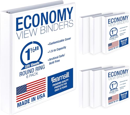Samsill 1.5 Inch 3 Ring Binders, Economy Round Ring, Clear View Cover, 325 Sheet Capacity - for School, Home, Office - White, 6 Pack - color: White, size: 6-Pack, style: 1.5-Inch
