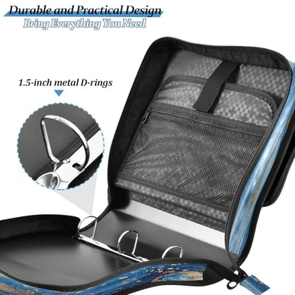 Binder Organizer, Blue Gold Marble 1.5" 3-Ring Zipper Binder with Shoulder Strap & Handle, Water-Resistant Trapper Keeper with Multi-Compartment for School & Office