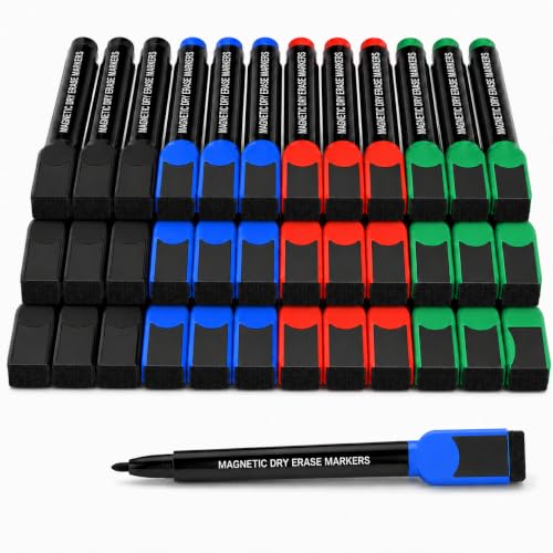 SUQJOY Magnetic Dry Erase Markers 36 Count, Fine Tip Whiteboard Markers with Eraser Caps, Low Odor, 4 Colors Black Blue Red Green, for Fridge Calendar, Office and Home - color: 36 Count 4 Colors