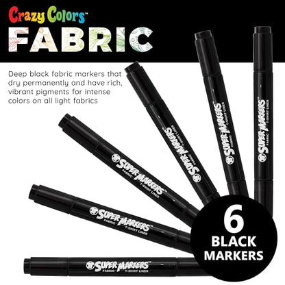 U.S. Art Supply Super Markers Black Dual Tip Fabric Markers Permanent for Clothes - Set of 6 Fabric Pens with Permanent Ink, Double-Ended with Chisel Point and Fine Point Tips - style: 6-Marker Black Set