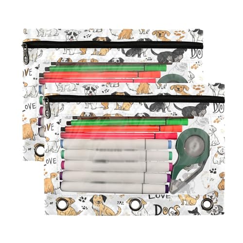 Kcldeci Pencil Pouch for 3 Ring Binder, Breeds Drawn Dogs 2 Pack Binder Pencil Pouch with Clear Window Pencil Bags with Zipper Pencil Case for binder - color: B01