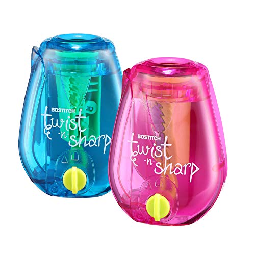 Bostitch Twist-n-Sharp Pencil Sharpener, 2-Pack, For Kids & Colored Pencils, Assorted Colors (PS1-ADJ-2PK)
