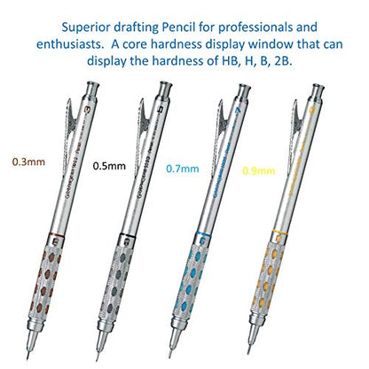 Four Mechanical Pens Set - 0. 3mm, 0. 5mm, 0. 7mm & 0. 9mm, with Ain Stein Refill Leads, Ain Clic Retractable Pen-type Triangle Eraser and Lihit Lab White Pencase