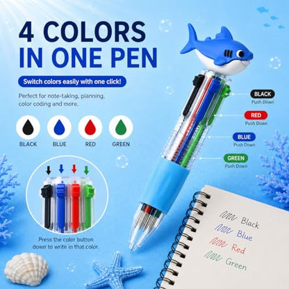30PCS Ocean Animal Multicolor Pens, 4 Color Ballpoint Pens Bulk, Retractable Novelty Pens with Whale Shark Turtle Sea Creature Toppers, Cute Writing Pens for Journaling, Office Supplies, Planner - style: Sea Animals