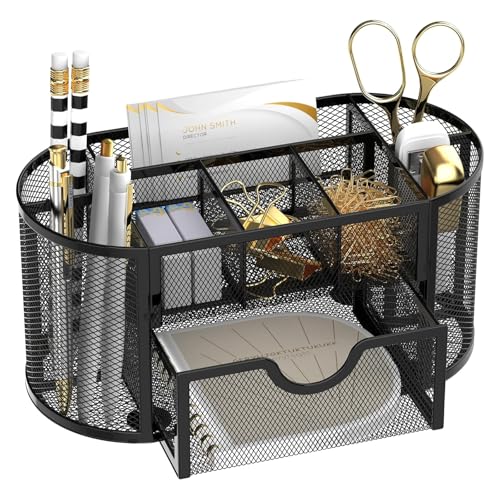 SUPEASY Mesh Desk Organizer, Desk Accessories & Workspace Organizers with Drawers, Pencil Holder for Desk with 9 Compartments for Office Supplies, School, Classroom, 8.6 x 4.3 x 4.1 Inch, Black - color: Obsidian Black