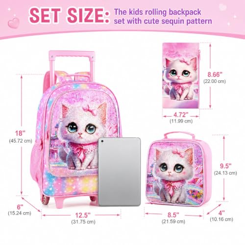 CCJPX 3PCS Rolling Backpack for Girls, Kids Cat Roller Wheels School Bookbag with Lunch Bag, Wheeled School Bag for Toddler Elementary Children - color: Pink Cat