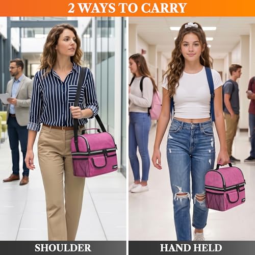 opux Insulated Lunch Bag Women Men, Dual Compartment Leakproof Lunch Box Adults Kids, Double Decker Meal Prep Bento Lunch Cooler Tote with Shoulder Strap for Work Office School Travel, Pink - color: Heather Pink