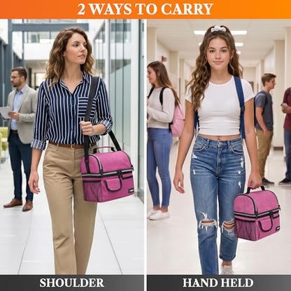 opux Insulated Lunch Bag Women Men, Dual Compartment Leakproof Lunch Box Adults Kids, Double Decker Meal Prep Bento Lunch Cooler Tote with Shoulder Strap for Work Office School Travel, Pink - color: Heather Pink