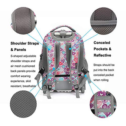 Tilami Rolling Backpack for Kids 19 inch Backpack on Wheels for Boys & Girls - color: Colorful Hearts