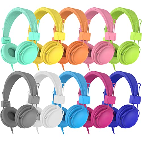 AILIHEN Classroom Headphones Kids 10-Pack for School Student K-5, On-Ear Premium Bulk Wired Headset with Mic, 85dB Volume Limited & SharePort, 3.5mm Jack for Chromebook, Computer, Laptop (Multicolor) - size: 10Pack
