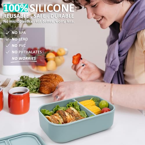 100% Silicone Bento Box Adult with 2 Compartments, 32oz, Reusable Divided Lunch Box Meal Prep Containers for Entree and Side Food Snack Storage, BPA-Free Plastic-Free, Microwave Dishwasher safe, Green - color: Blue | 32oz | 2-Compartment