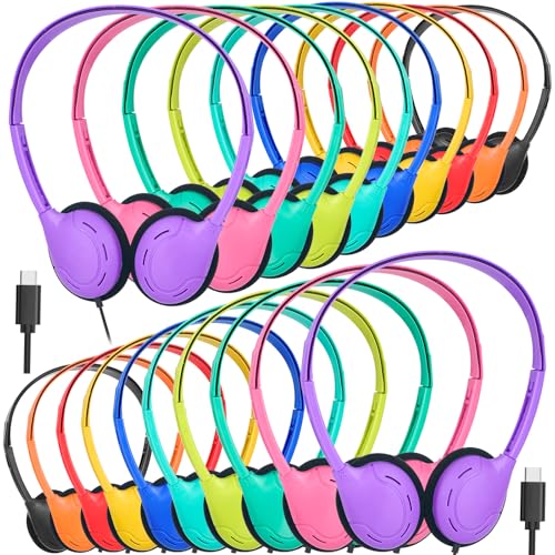 Type C Headphones Bulk for Classroom School Kids 20 Pack,USB C Wired | Headphones for School Compatible with Pad Smartphones for Boys Girls Students Travel Mixed Colors