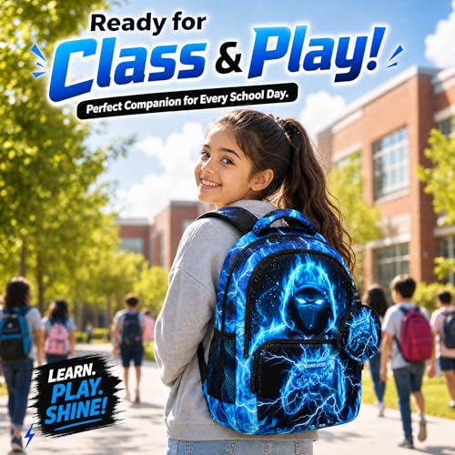 Game Backpack Set for Boys Kids, Gaming Kids Boys Backpack with Lunch Box, Pencil Bag and Coin Purse. Game School Bag 17" (Blue) - color: Blue-2