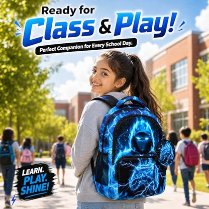 Game Backpack Set for Boys Kids, Gaming Kids Boys Backpack with Lunch Box, Pencil Bag and Coin Purse. Game School Bag 17" (Blue) - color: Blue-2
