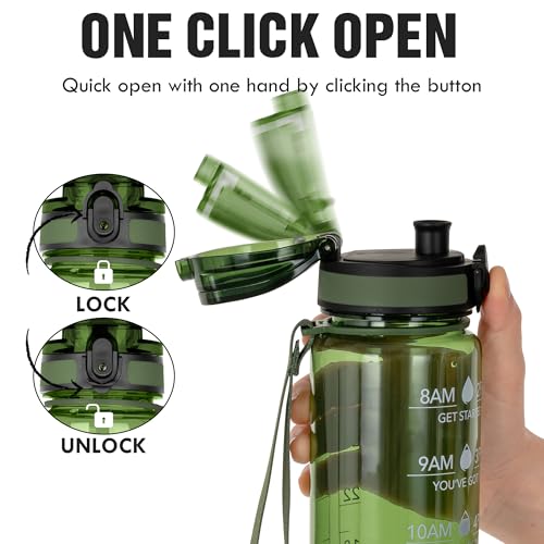 OLDLEY Water Bottle, 32oz Motivational Sports Water Bottle with Time Marker - Times to Drink - Tritan, BPA Free, Wide Mouth Leakproof,Olive - color: Olive