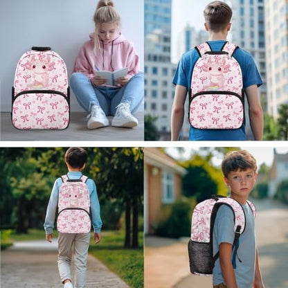 Kids Backpack Set,Axolotl Print Multiple Compartment Kids Bookbag Set with Insulated Lunch Bag & Pencil Case for Elementary Girls - color: Pink Bows-axolotl Print