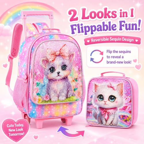 WZLVO 4PCS Rolling Backpack for Girls, Kids Cat Roller Backpacks with Wheels for Kids, Wheeled Bookbag Set for Toddler Elementary School - color: Cat Pink