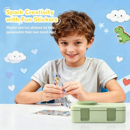 Bento Box for Kids, Leakproof Kids Bento Lunch Box Container with 8oz Insulated Thermo Food Jar, Sauce Jar, Utensil, DIY Stickers for School Boys Girls, 3-4 Compartments, BPA-Free - color: Pale Grass Green