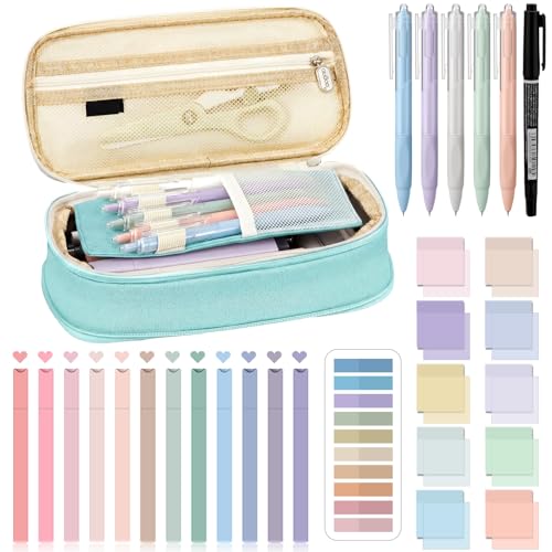 Jutom 39 Pcs Aesthetic Book Annotation Kit Highlighter with Case Bag Gel Pen Transparent Sticky Note Taking Bible Supplies(Mint Green,Cute Style) - color: Green Beige, style: Cute Style