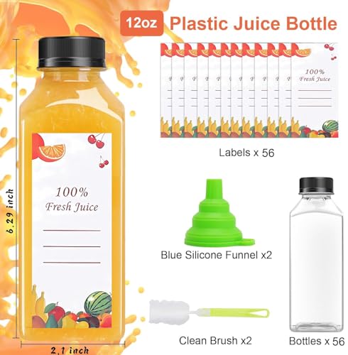 OBKJJ 80pcs 12oz Pcs Juice Bottles, Juice Bottle with Caps Reusable Empty Clear Bottles with Label, Funnel, Brush Bulk Beverage Containers for Juicing, Drinking, Smoothie and Other Beverages (12oz) - size: 12oz