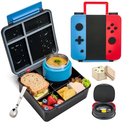 Game Bento Box for Kids, Lunch Box with Thermo(9oz Food Jar), Folding Spoon, Removable Divider & Sauce Cup, Lunch Box Kids for School,Travel, BPA-Free & Realistic Shape(Blue-Red) - color: Blue-Red