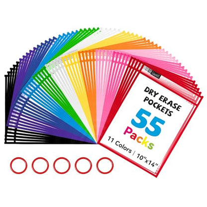 GAMENOTE 55팩 드라이 지우개 포켓, 25.4x35.6cm(10x14인치) 재사용 가능한 슬리브, 11가지 색상 | 55개의 재사용 가능한 PVC 포켓에는 21.6 x 27.9cm(8.5 x 11인치) 및 22.9 x 30.5cm(9 x 12인치) 시트를 담을 수 있습니다. 양면 - color: 다양한 색상, size: 55 Pack