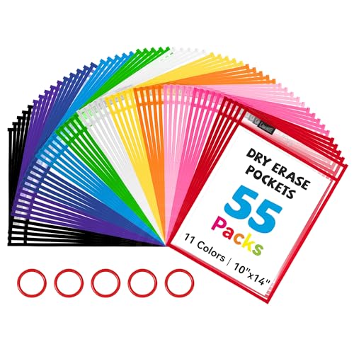 GAMENOTE 55팩 드라이 지우개 포켓, 25.4x35.6cm(10x14인치) 재사용 가능한 슬리브, 11가지 색상 | 55개의 재사용 가능한 PVC 포켓에는 21.6 x 27.9cm(8.5 x 11인치) 및 22.9 x 30.5cm(9 x 12인치) 시트를 담을 수 있습니다. 양면 - color: 다양한 색상, size: 55 Pack
