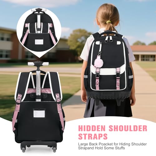 Bevalsa Rolling Backpack for Girls, 3PCS Roller School Backpack Set | with Lunch Box & Pencil Case, Kids Bookbag with Wheels for Teen Girls Elementary Middle High School Students - color: Black White