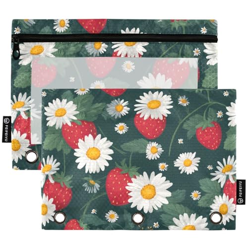 Studying 2 Pack Floral Red Strawberry White Daisy 3 Ring Binder Pencil Pouch Bags,Clear Window Storage Case with Zipper for Boys Girls School Office Supplies Cosmetics Organizers - color: Multi-strawberry