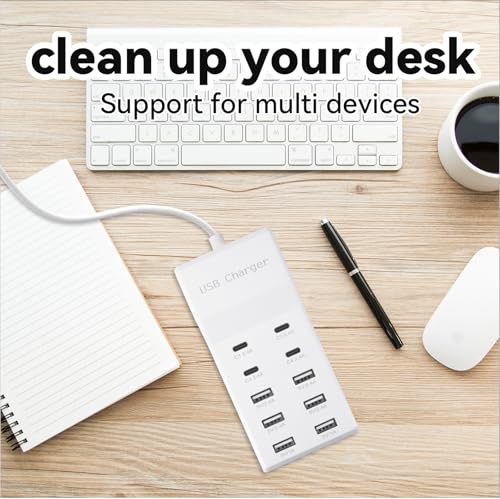 USB Charging Station with 6 USB-A and 4 USB-C Ports, 50W 10A USB Charger Block for Smart Phone, Tablet, Laptop, Multiple Devices - USB Power Strip with Auto-Detect Technology