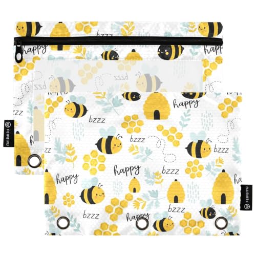 Gredecor 3 Ring Binder Pencil Pouch, Funny Bees Beehive Herbs Flower Zippered Pen Case Pouches with Clear Window, 2 Pack Stylish Office & School Supplie - color: Bees Beehive Herbs Flower