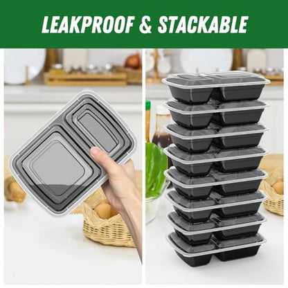 Dealusy 50 Pack (100-Piece) 28 oz Meal Prep Containers Reusable with Lids 2-Compartment, Sturdy Leakproof Food Safe, Microwave Freezer Dishwasher Safe, To Go Take Out Plastic Food Storage, Black - color: Black