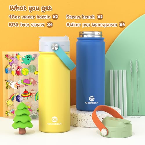GoKEDA 18oz Kids Water Bottle, 2 Pack Stainless Steel Straw Cup - color: Blue Yellow+Green Blue