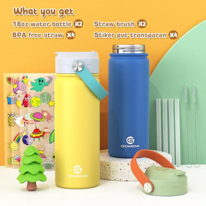 GoKEDA 18oz Kids Water Bottle, 2 Pack Stainless Steel Straw Cup - color: Blue Yellow+Green Blue