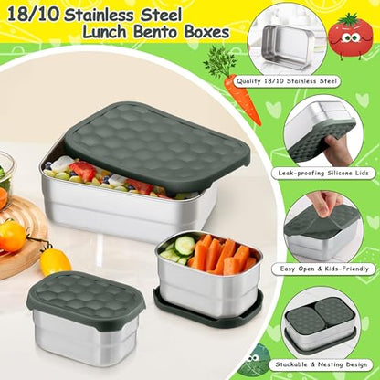 Homikit 3 Pack Kids Lunch Box Set, 18/10 Stainless Steel Bento Boxes with Silicone Lids Leak Proof, 5 Cups Reusable Metal Food Snack Containers for School Daycare, Nontoxic & Dishwasher Safe, Gray - color: Gray, size: Medium