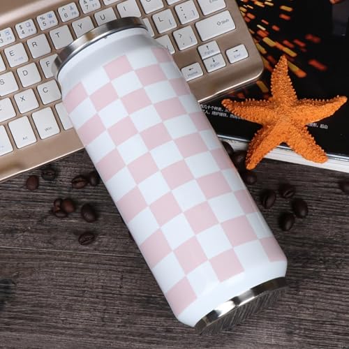 T&H XHome Pink Checkerboard Pattern 10oz Stainless Steel Tumbler with Lid & Straw-Double Wall Vacuum Insulated Travel Mug Soft Fabric Print Water Bottle Coffee Beverage Drinks Cup - size: 10 Ounces