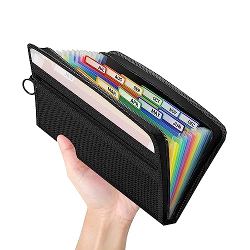 Ansook Coupon Receipt Organizer Holder, 13 Pockets Small Accordian File Organizer,Junior Size 10.8x6.8 Inches, Zipper Closure, Glove Box Organizer - color: Black