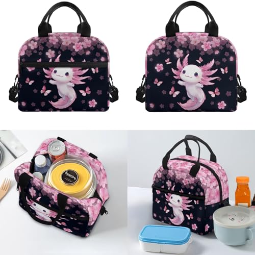 Cherry Blossom Backpack Axolotl Backpack for Girls with Lunch Box Water Bottle Holder and Aesthetic Pencil Case 4PCS Set 4th 5th 6th Grade Cute Bookbag 17 inch Kawaii School Bag for Boys - color: Cherry Blossom Axolotl