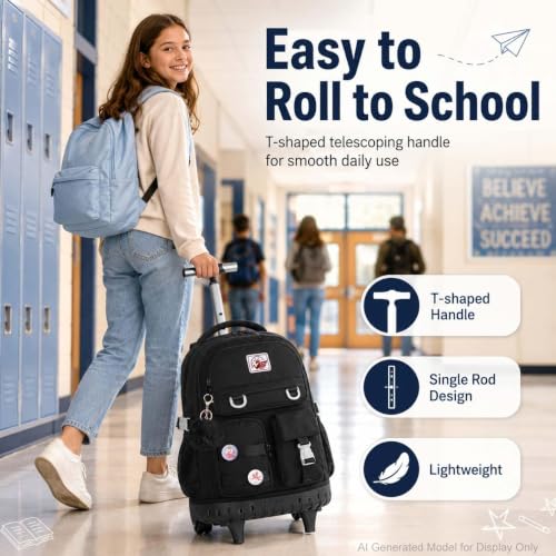 CCJPX Rolling Backpack for Girls Women, 21 inch Roller Wheels School Bookbag, Wheeled Suitcase Backpacks with Lunch Bag for Teen - Black - color: Black
