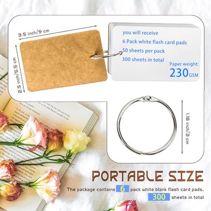 300 Pcs Flash Cards 2x3 Inch Index Cards with Ring Lined Note Card Bood Flashcards, Mini Blank Flash Cards 2x3 White Card Pad Index Note Bood 2 x 3 Notecards for Studying School Supply College - color: White